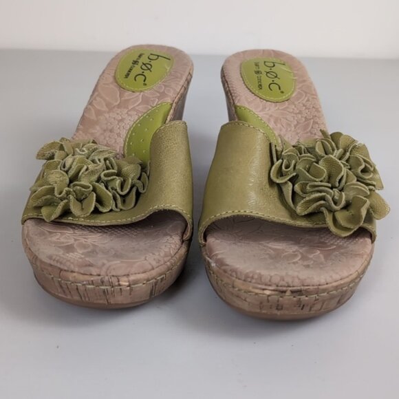 b.o.c. Leather Wedge Sandals Cork Platform Flower Arch Support Green Shoes 9 - Picture 2 of 14